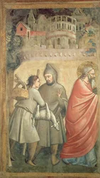 El encuentro en la Puerta Dorada, detalle que muestra a dos hombres conversando y la figura de Joaquín